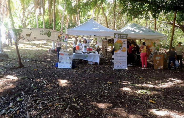 Toldo de la izquierda presenta información de la campaña Quiero dejar una huella verde y el de la derecha, el Programa de Educación Biológica, en su proceso de bioalfabetización. Foto. Juan Hernández.