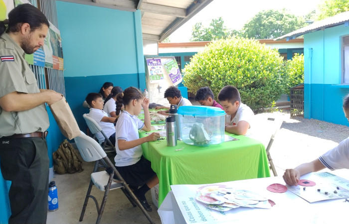 En la imagen se encuentran los estudiantes de primaria, jugando el bingo, aprendiendo sobre la biodiversidad de Costa Rica.